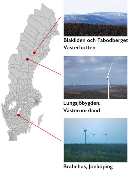 Sverigekarta med vindkraftsparkerna Blakliden och Fäbodberget i Västerbotten, Lungsjöbygden i Västernorrland samt Brahehus i Jönköpings län utmarkerade.