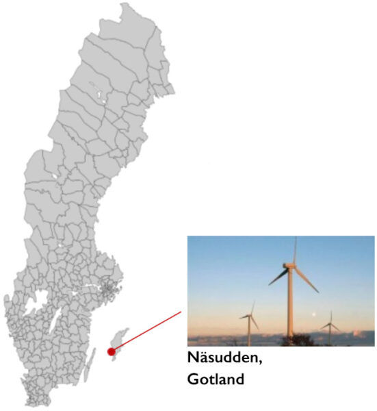 Sverigekarta med vindkraftsparken Näsudden på Gotland utmarkerad.