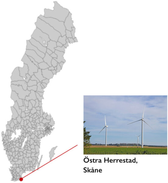 Sverigekarta med vindkraftsparken Östra Herrestad i Skåne utmarkerad.