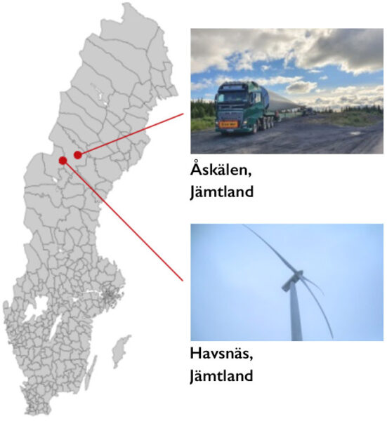 Sverigekarta med vindkraftsparkerna Åskälen och Havsnäs i Jämtland utmarkerade.