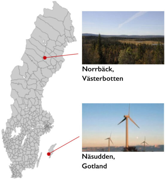 Sverigekarta med vindkraftsparkerna Norrbäck i Västerbotten samt Näsudden på Gotland utmarkerade.
