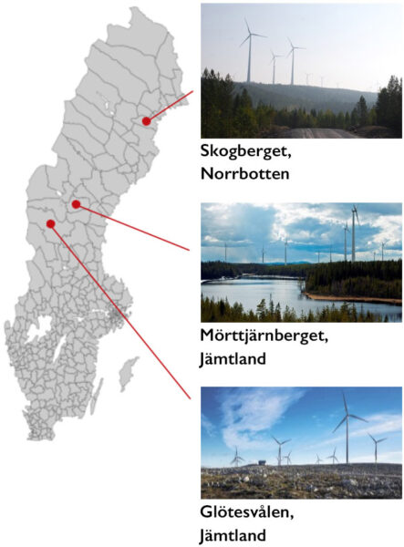 Sverigekarta med vindkraftsparkerna Skogberget i Norrbotten samt Mörttjärnberget och Glötesvålen i Jämtland utmarkerade.