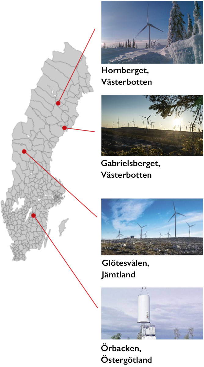 Sverigekarta med vindkraftsparkerna Hornberget och Gabrielsberget i Västerbotten, Glötesvålen i Jämtland samt Örbacken i Östergötland utmarkerade.