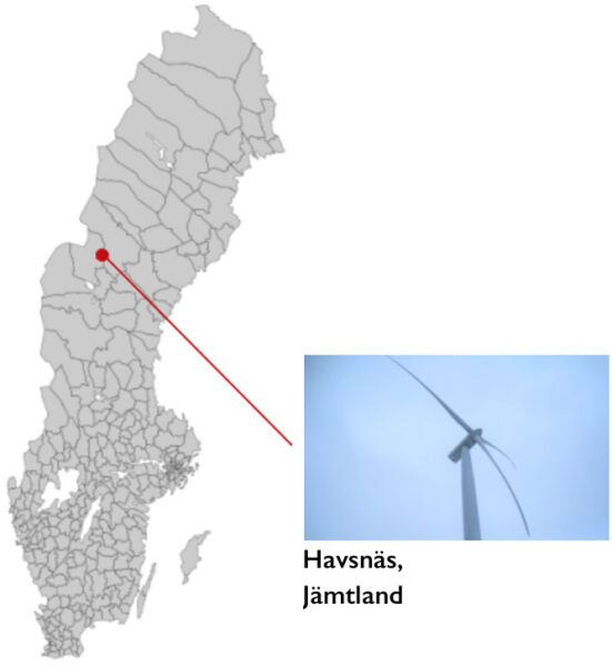 Sverigekarta med vindkraftsparken Havsnäs i Jämtland utmarkerad.