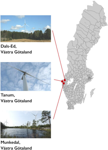 Sverigekarta med vindkraftsparkerna Dals-Ed, Tanum samt Munkedal i Västra Götaland utmarkerade.