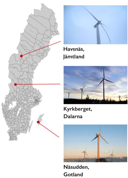 Sverigekarta med vindkraftsparkerna Havsnäs i Jämtland, Kyrkberget i Dalarna samt Näsudden på Gotland utmarkerade.